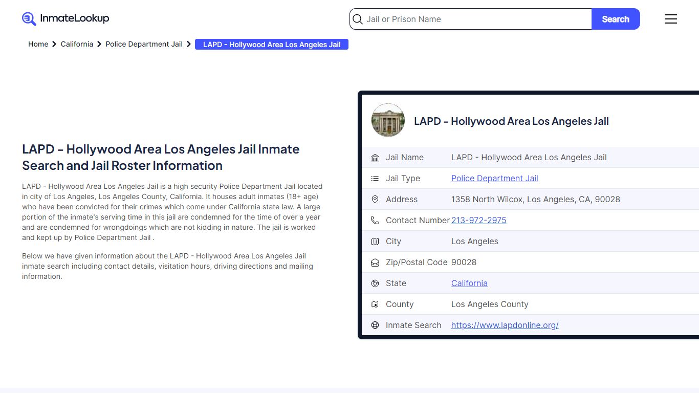 Hollywood Area Los Angeles Jail Inmate Search - Inmate Lookup