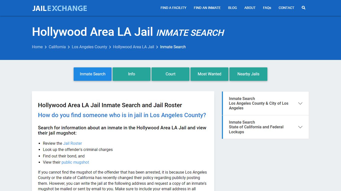 Hollywood Area LA Jail Inmate Search - Jail Exchange